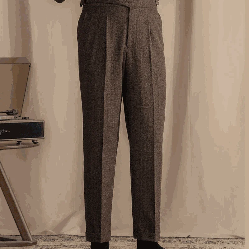 Antonios vintage wool herringbone pants, full-length, smart casual style.