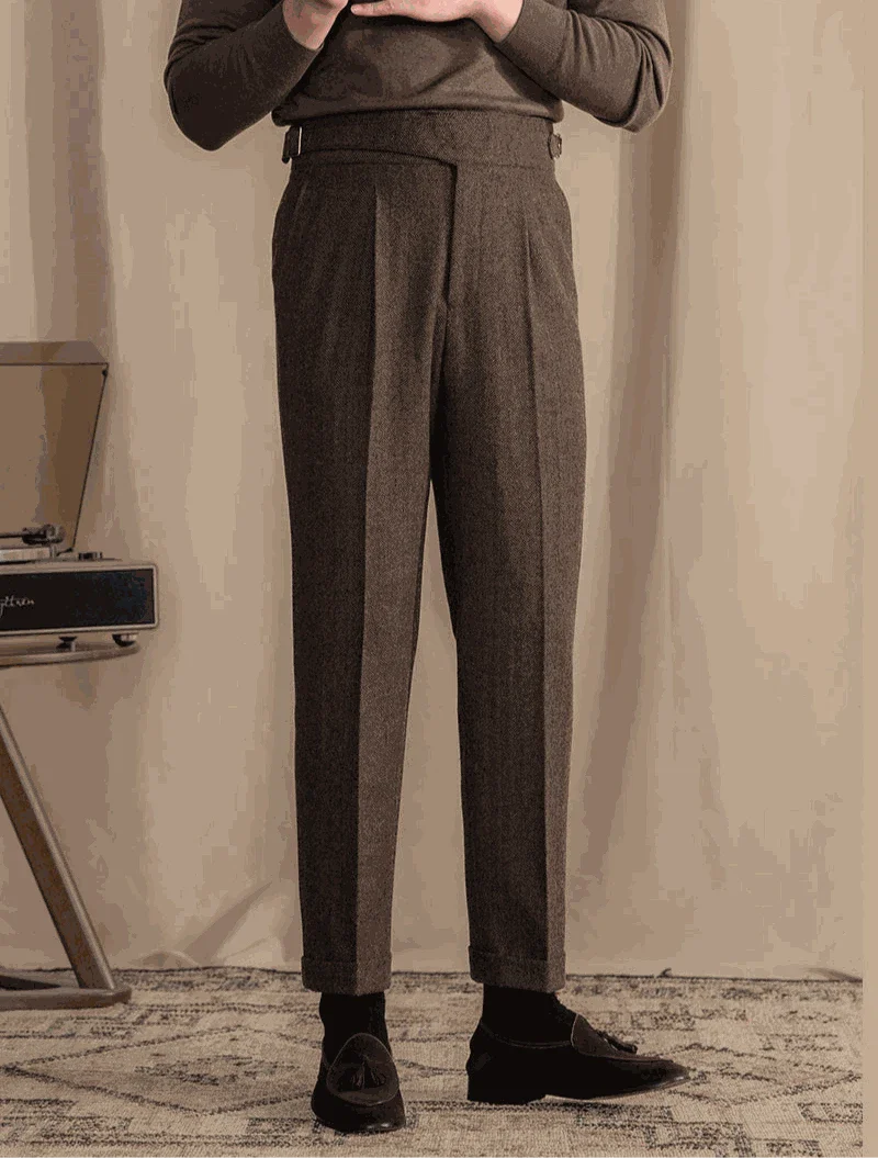 Antonios vintage wool herringbone pants, full-length, smart casual style.