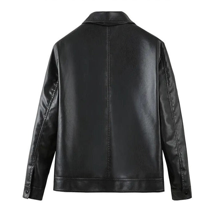 MOTO black leather jacket made from eco-leather, back view.