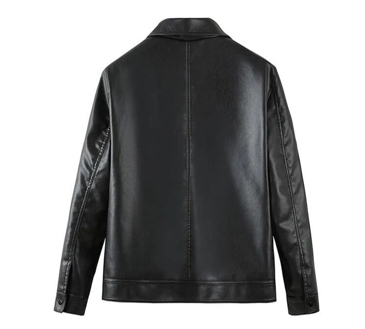 MOTO black leather jacket made from eco-leather, back view.