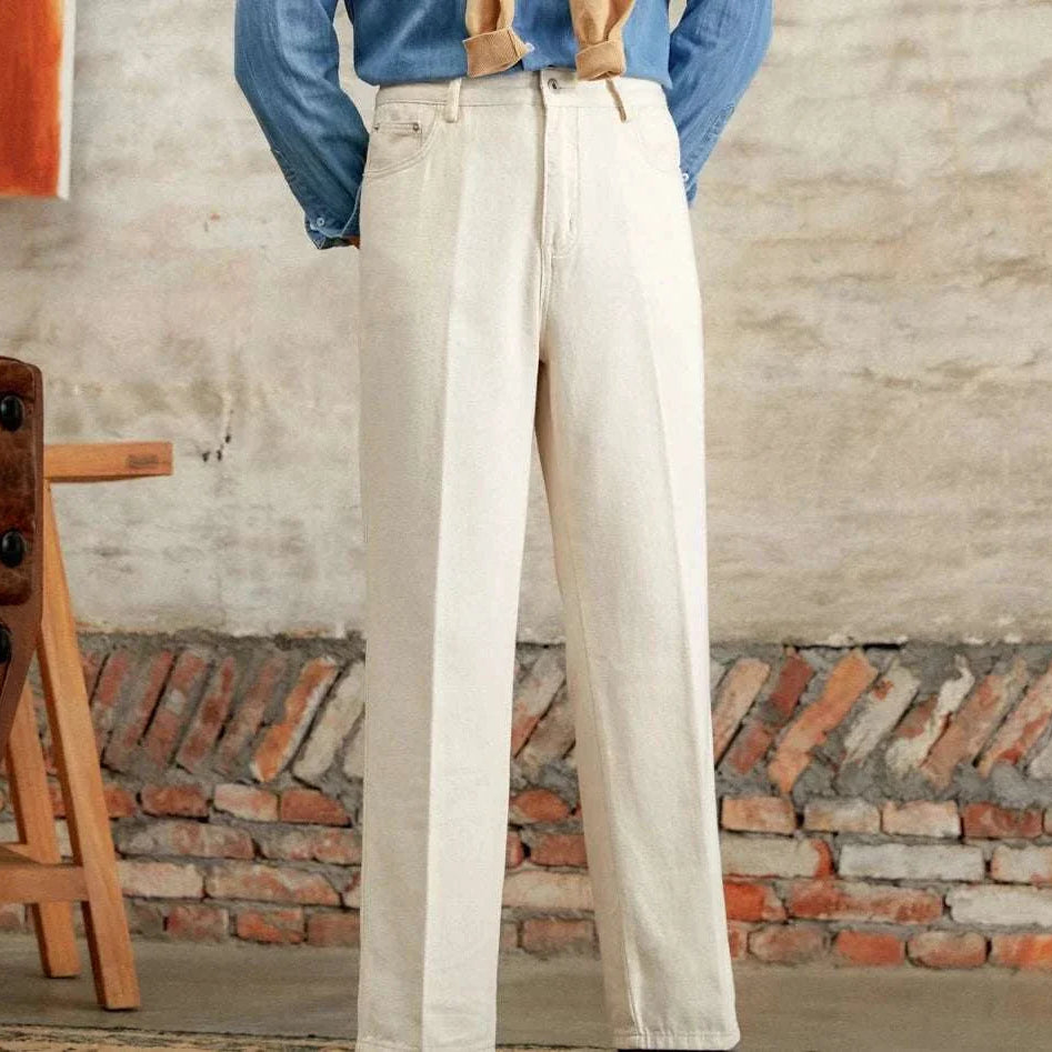 British pure cotton old money pants in cream color with button and zipper closure.