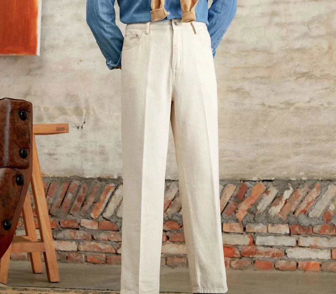 British pure cotton old money pants in cream color with button and zipper closure.