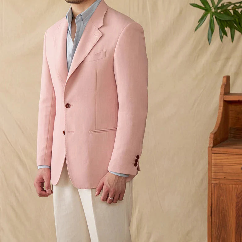 Business linen relaxation jacket for men in light pink with a comfortable fit.