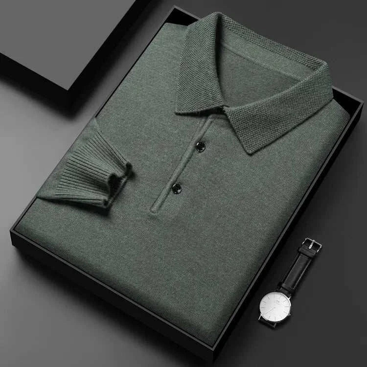 Antonios polo sweater with buttons in green, featuring ribbed collar and sleeve, neatly folded in black box.
