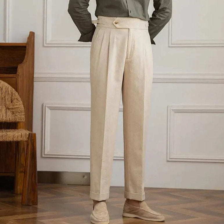 Antonios Naples cotton-linen pants in beige, smart casual full-length.