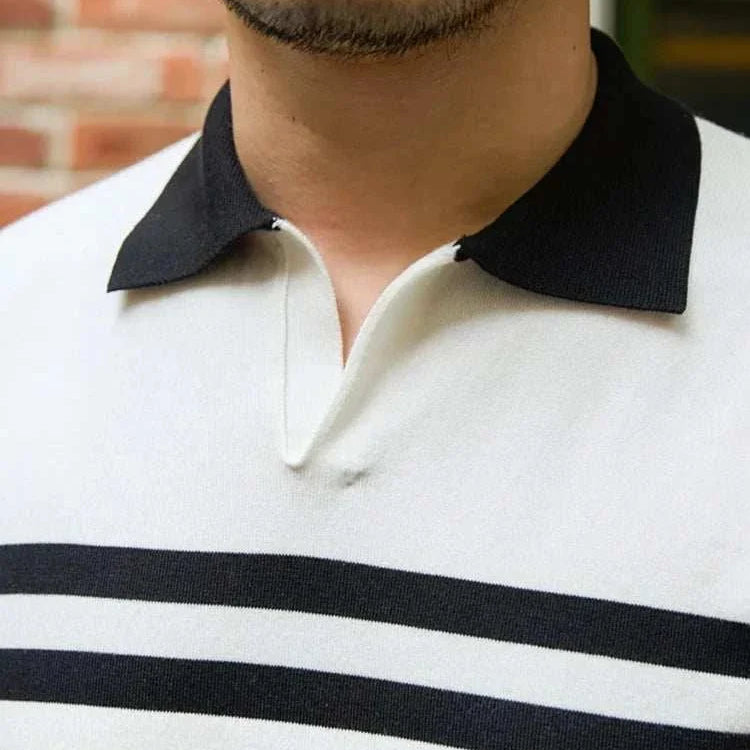 Office polo collar t-shirt with black stripes and durable polyester fabric.