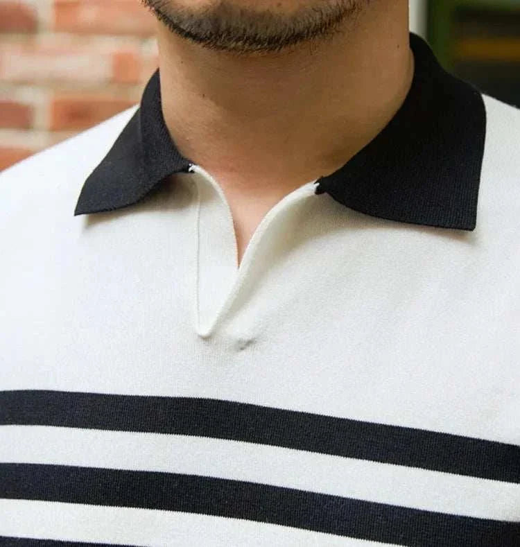 Office polo collar t-shirt with black stripes and durable polyester fabric.