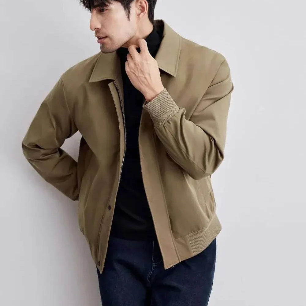 Korean bomber winter jacket in beige, casual men's outerwear.