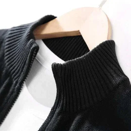 Close-up of black Cold Season Casual Cardigan on hanger, showing ribbed collar detail.