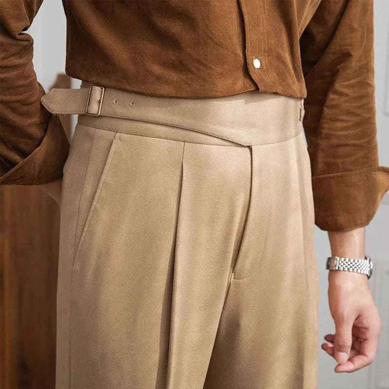 Autumn Italian high-waist trousers for men in solid pattern, smart casual style.
