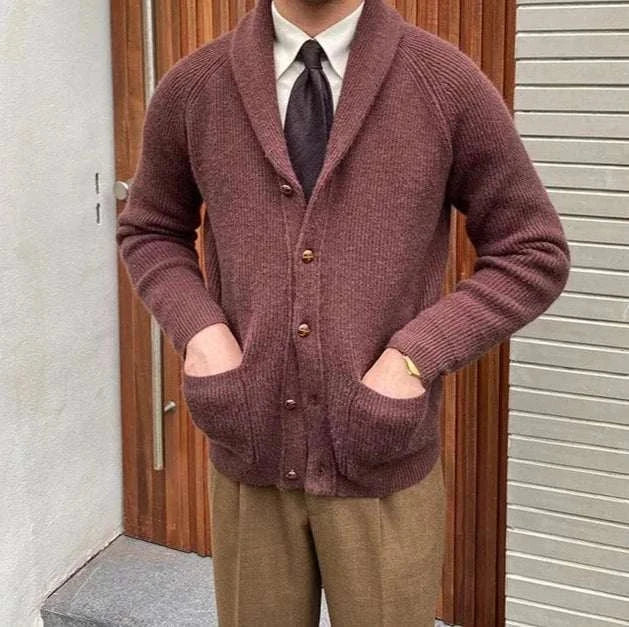 Oxford premium cardigan in brown, worn by a man.