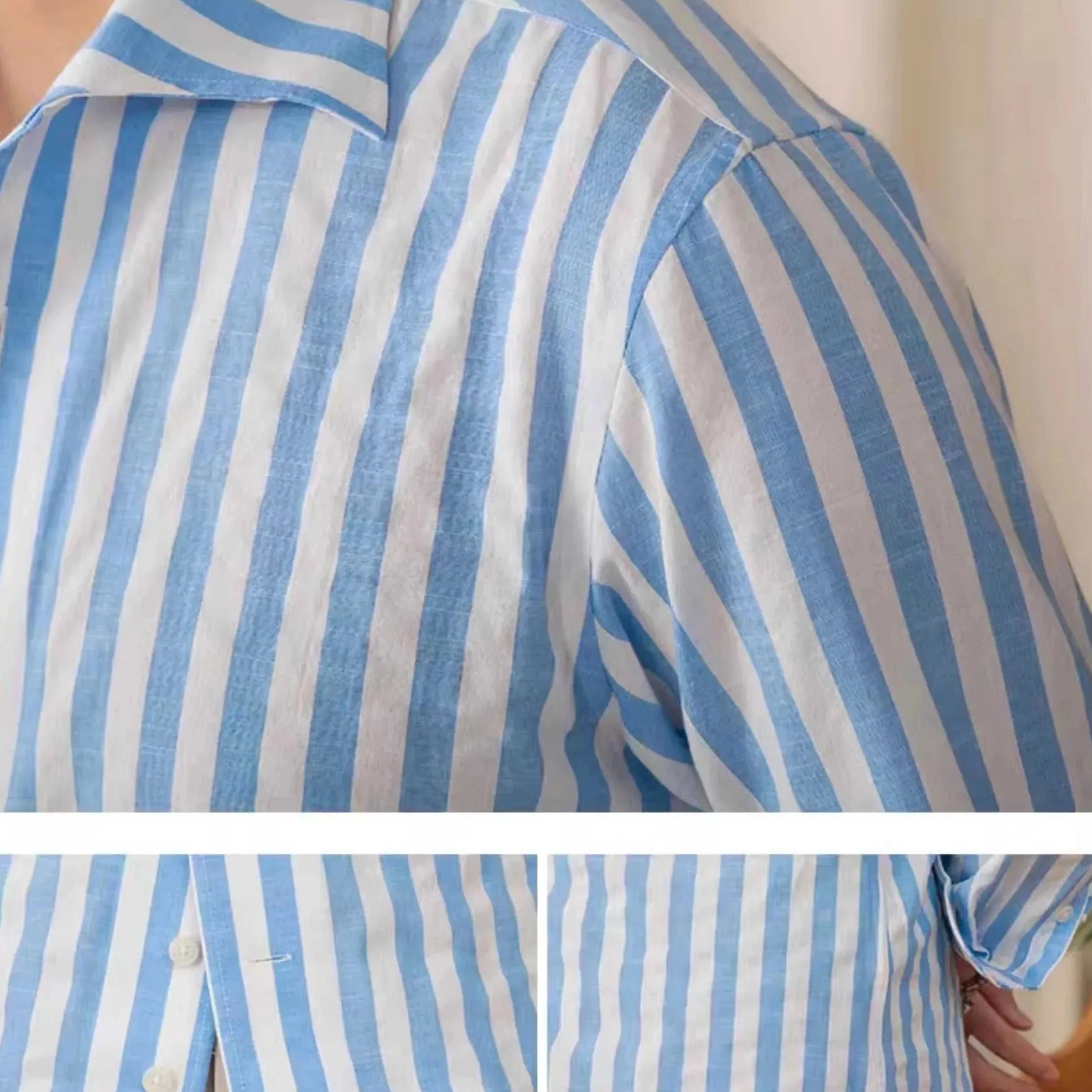 Business striped white summer shirt for men, elegant cotton and polyester blend.