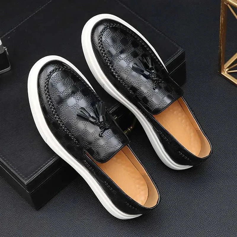 OXFORD plaid pattern loafers in black, sleek design for men, non-slip rubber outsole, elegant footwear.