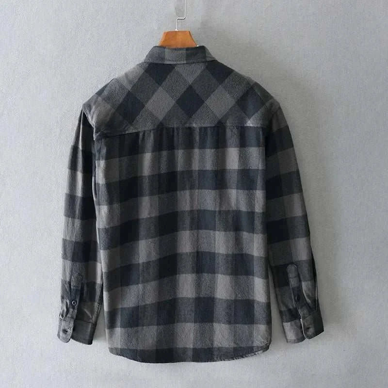 RETRO summer plaid shirt in gray and black pattern, long sleeves, casual style.