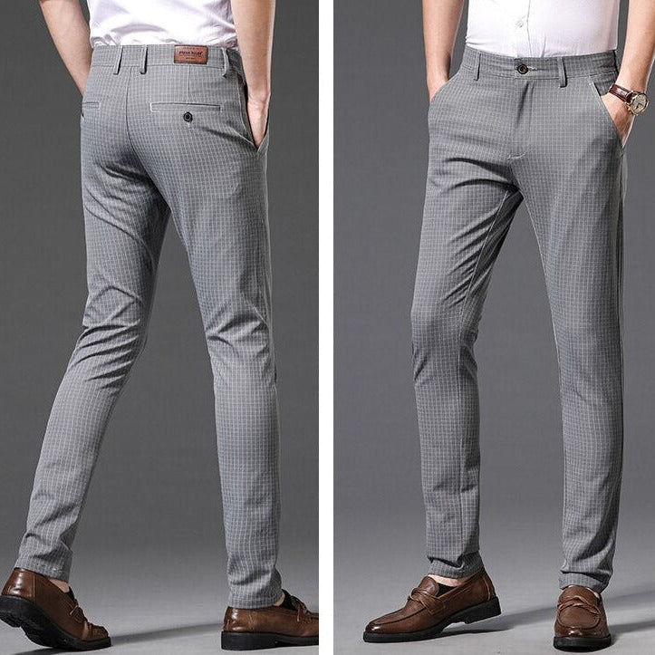 Vinny Plaid Trousers in light grey, polyester, full-length, casual style.