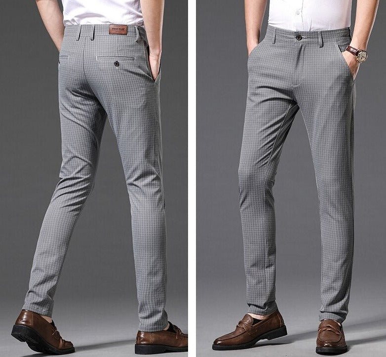 Vinny Plaid Trousers in light grey, polyester, full-length, casual style.