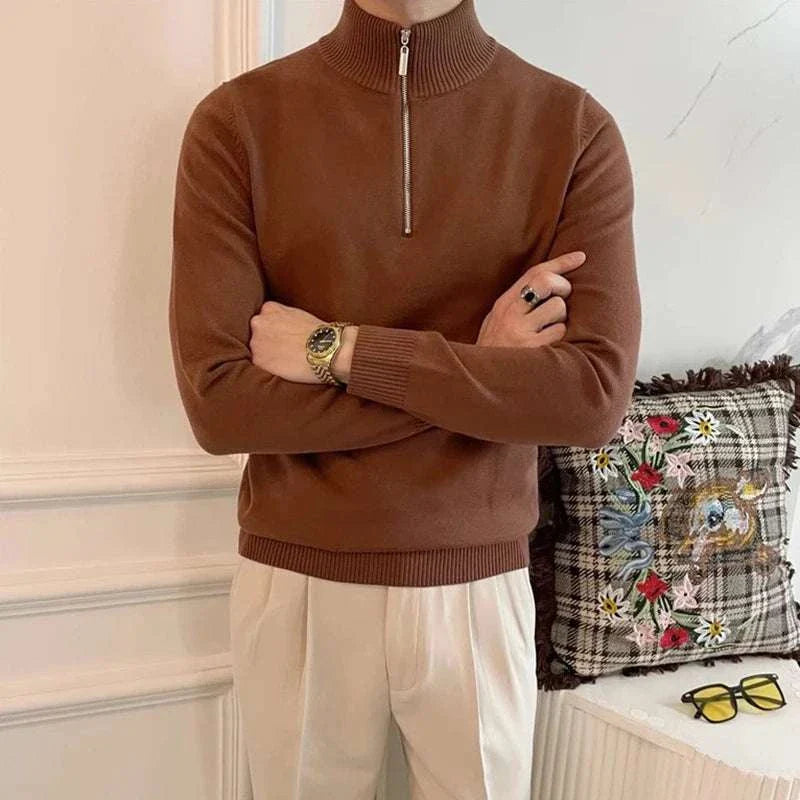 Men's brown stand collar zipper sweater made from wool and polyester, offering comfort and style.