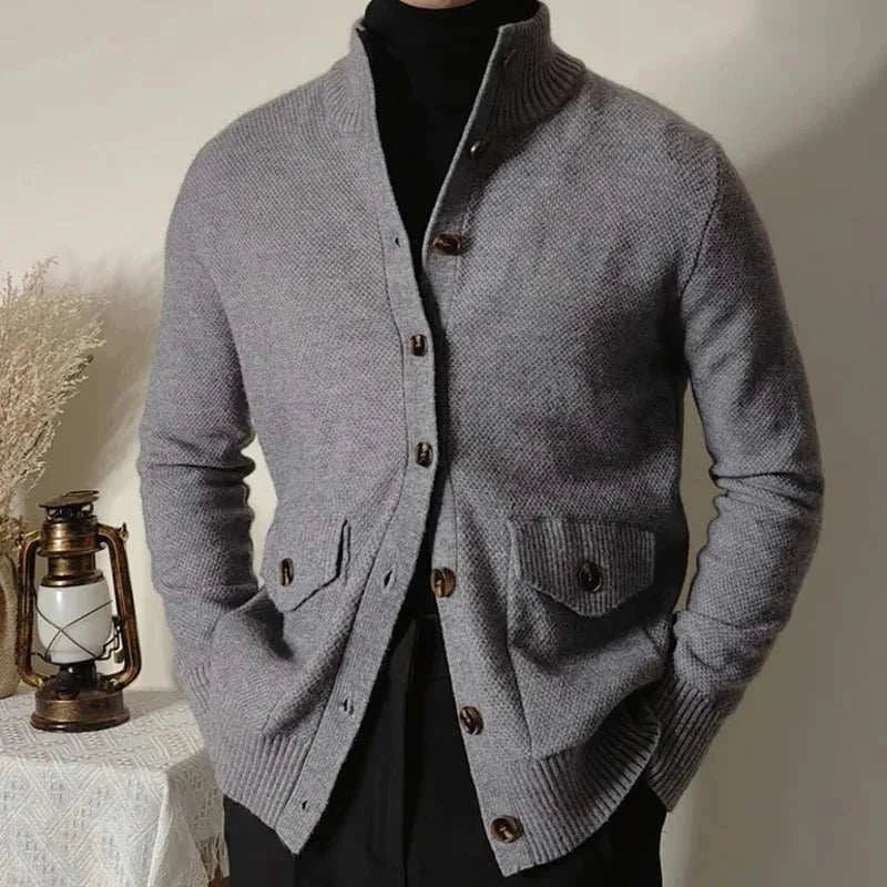 Men's cozy gray cardigan, perfect for fall and winter business casual outfits.