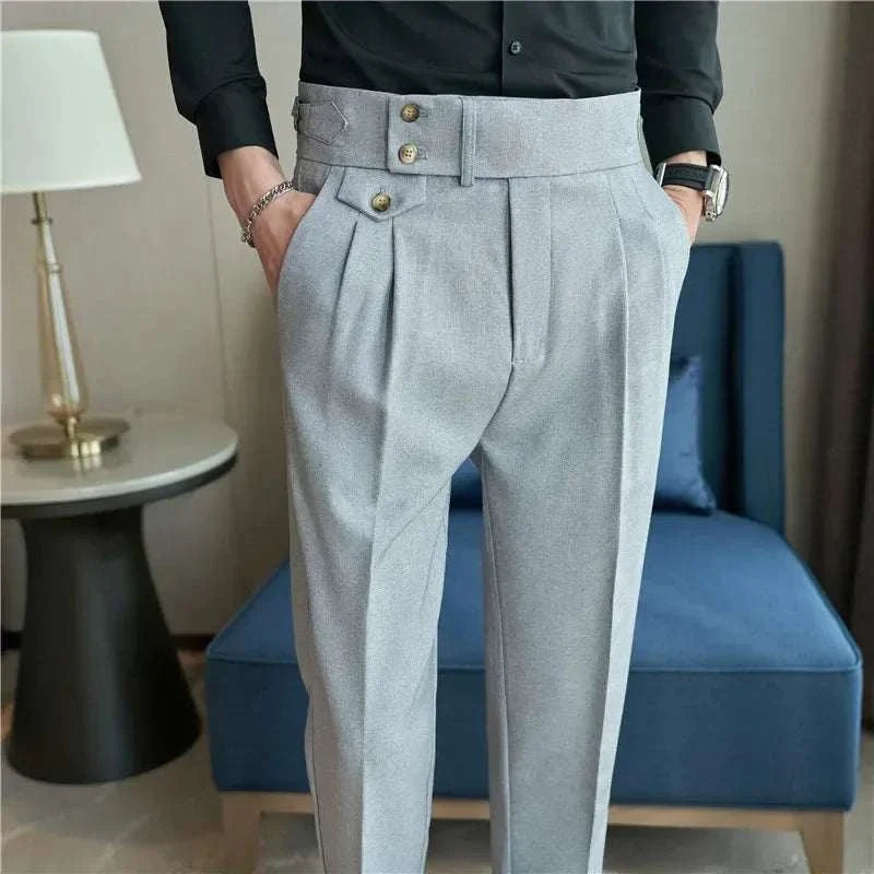 Slim fit suit elegant pants in grey, high-quality material, perfect for professional attire.
