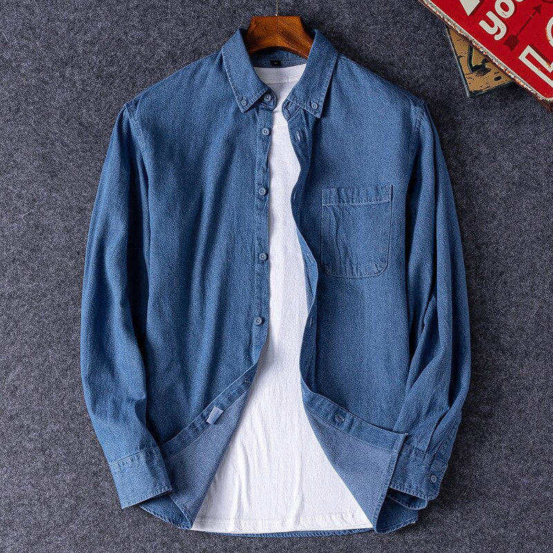 Business Casual Denim Shirt with classic collar, crafted from soft organic cotton.