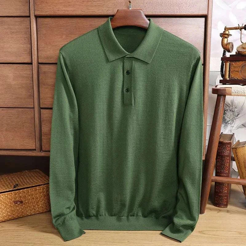 Green Antonios wool polo sweater on hanger, ideal for casual outfits and chilly weather.