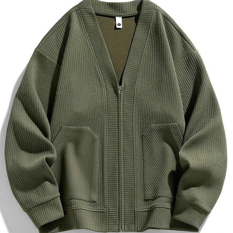 Men's winter cardigan sweater with zipper in olive green, featuring cozy polyester and spandex blend.