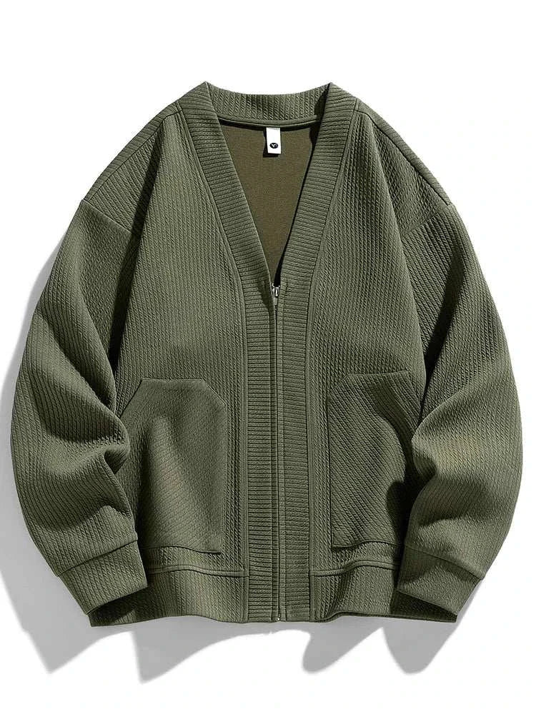 Men's winter cardigan sweater with zipper in olive green, featuring cozy polyester and spandex blend.