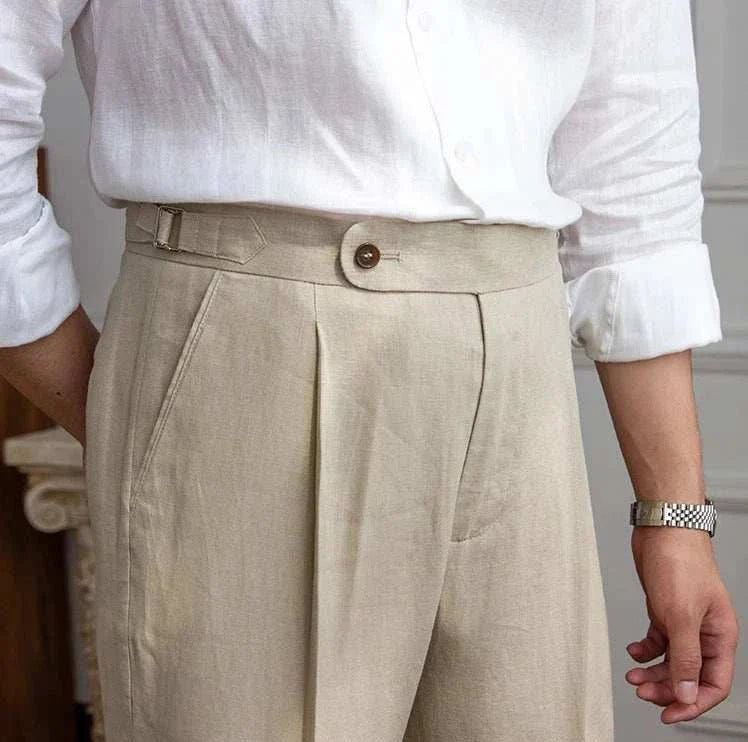 Lightweight Italian high-waist linen trousers for men in beige, perfect for casual or smart casual wear.