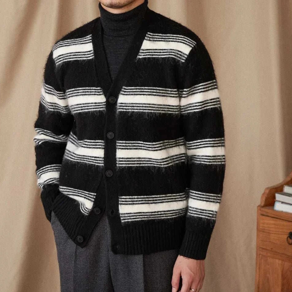 Antonios striped wool v-neck cardigan for men, winter essential, black and white stripes.