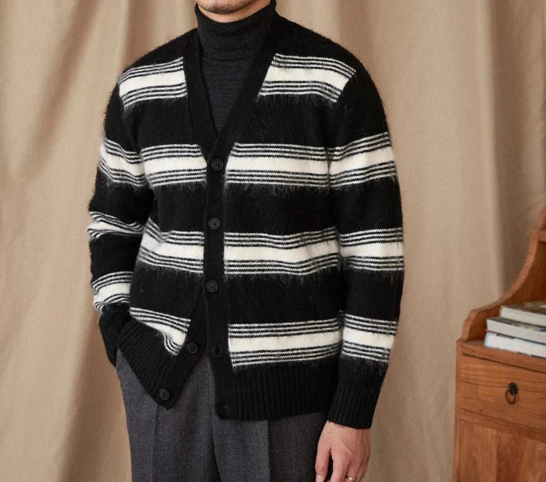 Antonios striped wool v-neck cardigan for men, winter essential, black and white stripes.