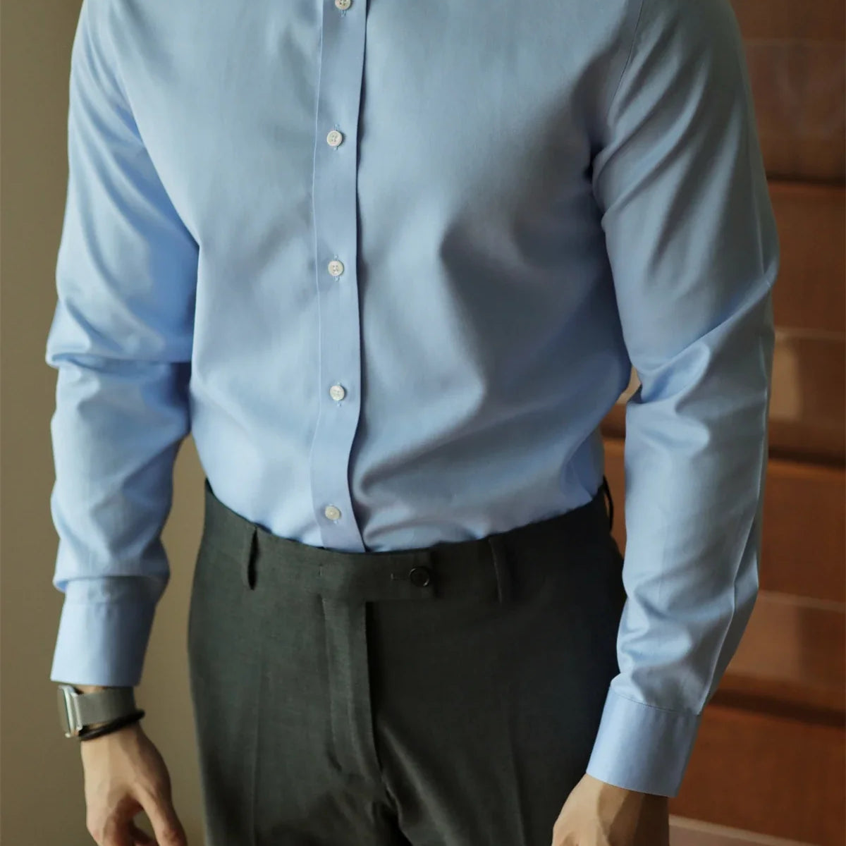 Men's casual office Italian shirt in soft blue cotton, perfect for all-day comfort and style.