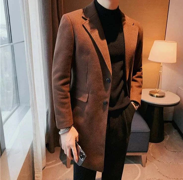 Elegant slim fit suit coat for men in brown, perfect for fall and winter.