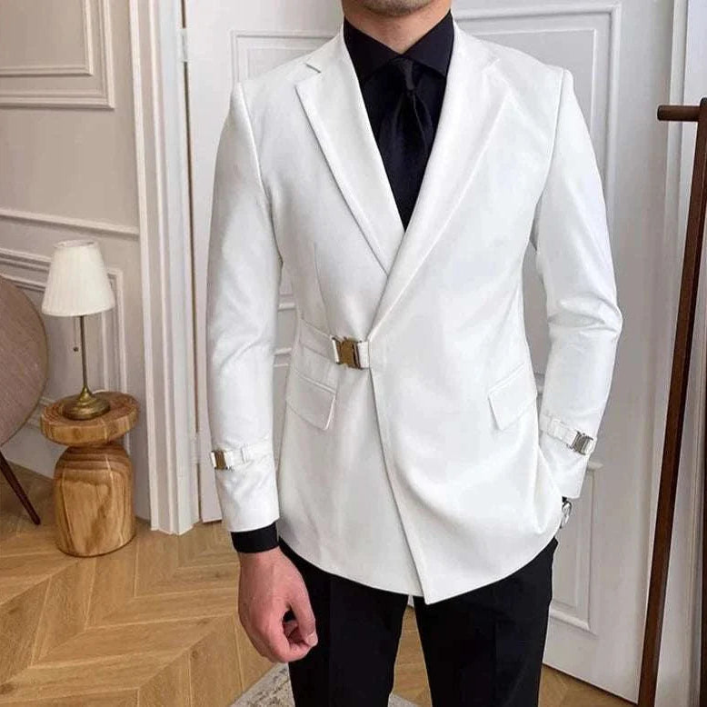 Elegant slim fit suit jacket in white, tailored for men, crafted from high-quality polyester.
