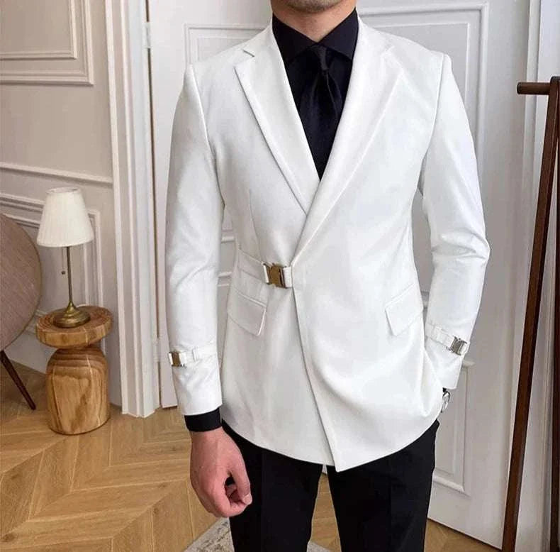 Elegant slim fit suit jacket in white, tailored for men, crafted from high-quality polyester.