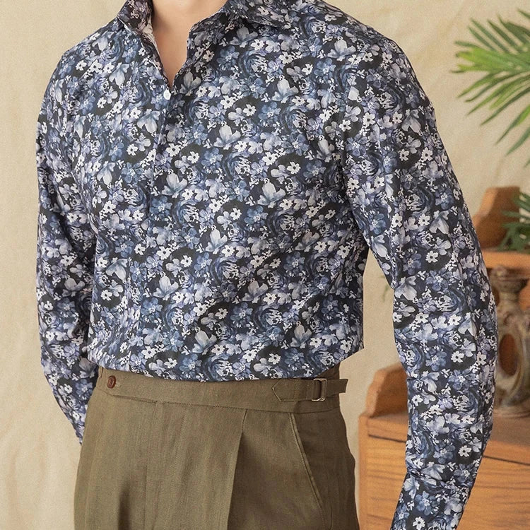 Spring vintage printed shirt for men, breathable cotton, floral pattern, casual fashion.