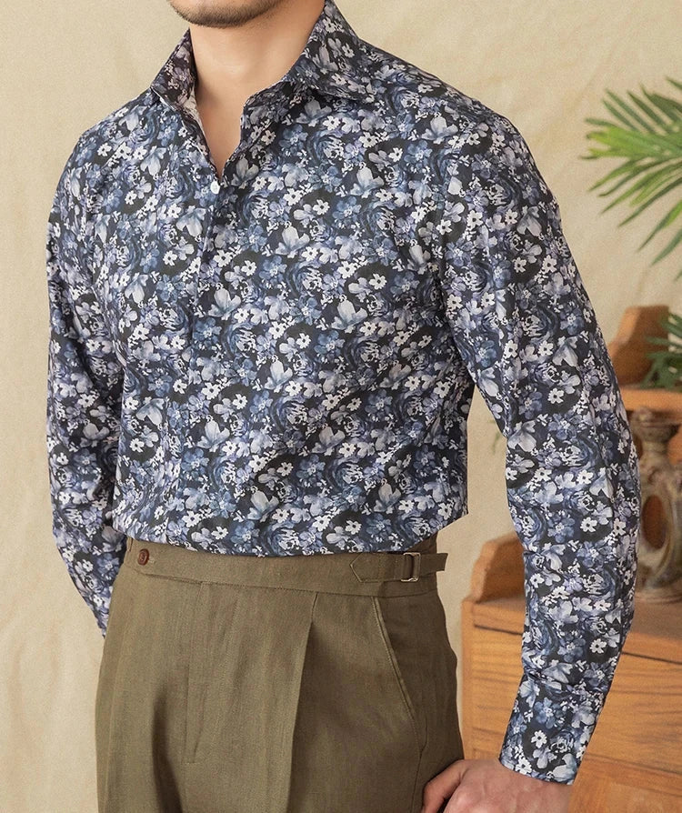 Spring vintage printed shirt for men, breathable cotton, floral pattern, casual fashion.