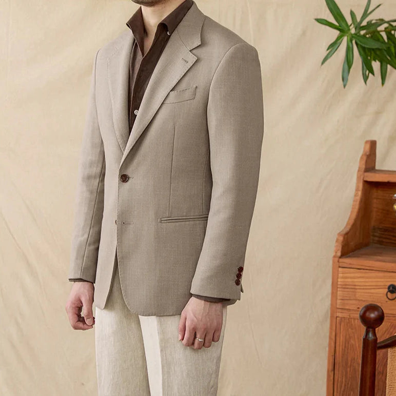 Men's business linen relaxation jacket in beige, perfect for winter warmth and style.