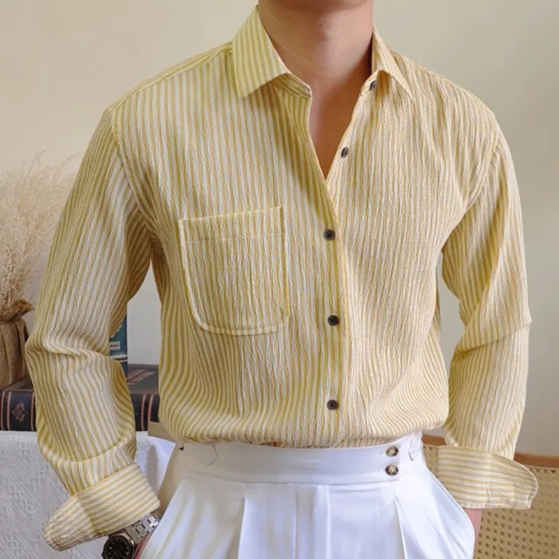 Italian striped long-sleeve cotton shirt for men, smart casual style.