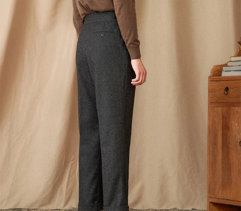Wool winter Italian trousers in gray, showcasing high waist and tailored fit.