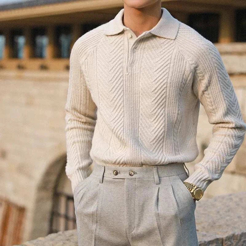 Autumn lapel regular fit sweater for men with elegant striped pattern.