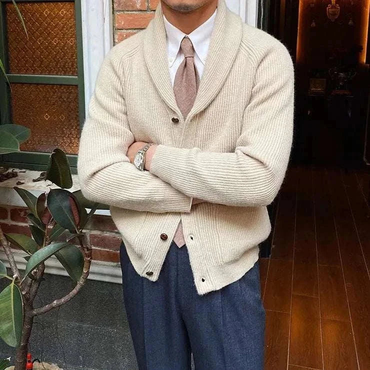 Oxford premium cardigan in apricot, casual and elegant men's fashion.