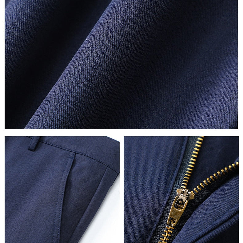 Antonios Stretch Pants in dark blue with premium polyester fabric and elegant design.