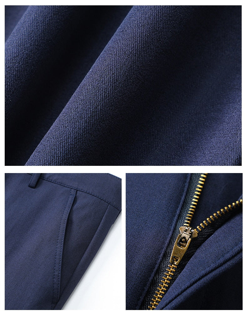 Antonios Stretch Pants in dark blue with premium polyester fabric and elegant design.