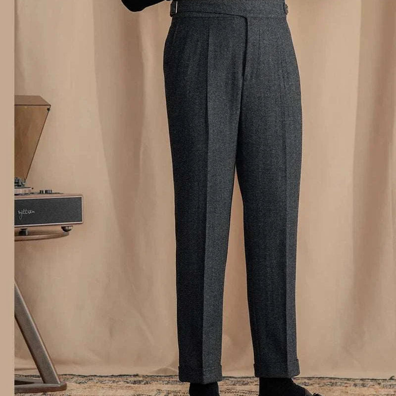 Antonios vintage wool herringbone pants, full-length smart casual trousers in polyester.