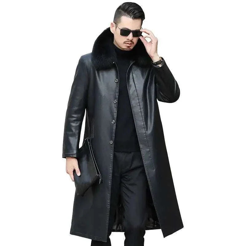 Men's PU Leather French Coat with Faux Fur Collar