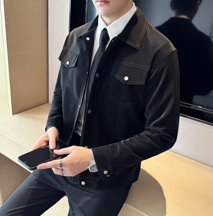 Men's CLASSY eco-leather jacket in black, casual elegant style.