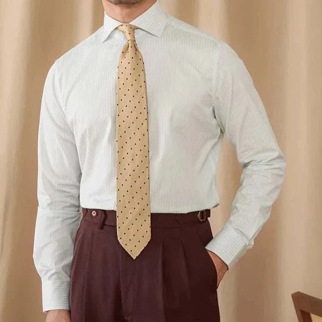 Business slim fit long sleeve premium shirt in light color, worn with a tie, showcasing professional style.