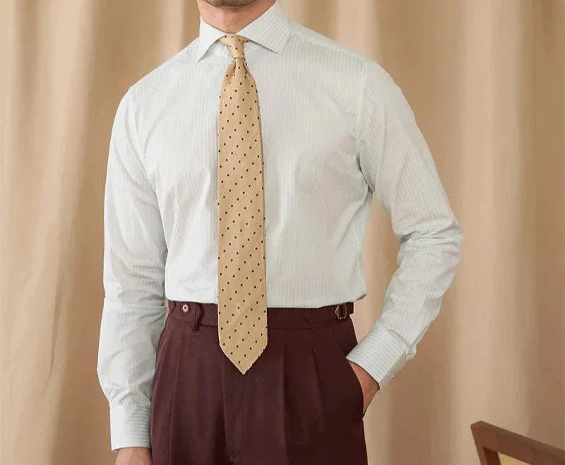 Business slim fit long sleeve premium shirt in light color, worn with a tie, showcasing professional style.