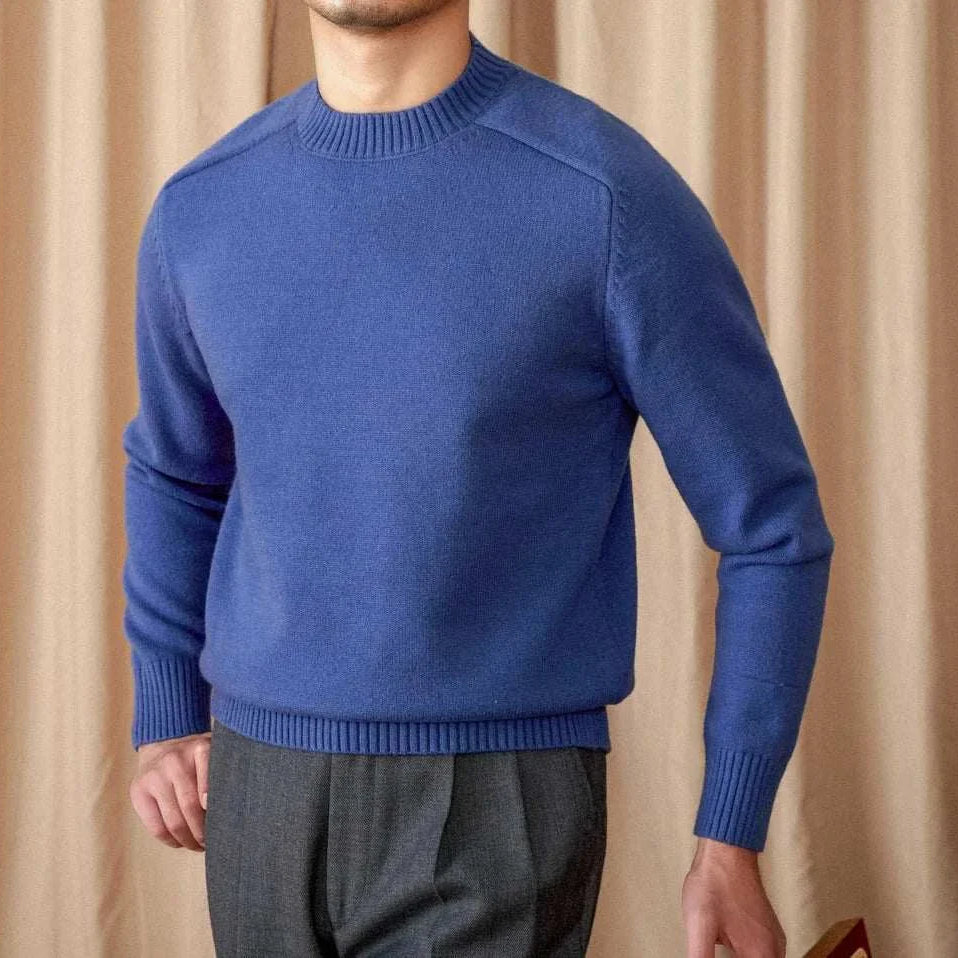 Japanese casual winter sweater for men in blue, cotton and wool blend.