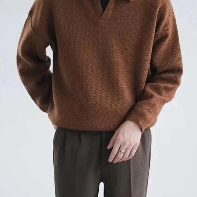 Korean baggy design sweater in brown, casual elegant style, solid pattern, for men.